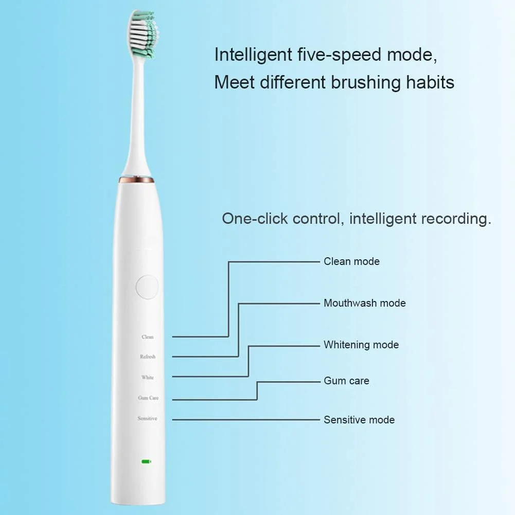 مسواک برقی GYNFJK، مسواک صوتی بزرگسالان، 5 حالت با 2 سر برس، ضد آب IPX7، عمر باتری طولانی، یادآوری هوشمند و تایمر، برای تمیز کردن دندان، سفید