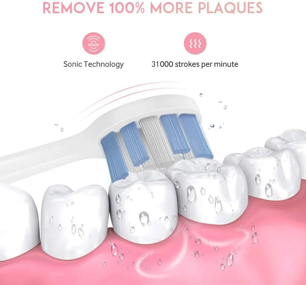 مسواک برقی GYNFJK، مسواک صوتی بزرگسالان، 5 حالت با 2 سر برس، ضد آب IPX7، عمر باتری طولانی، یادآوری هوشمند و تایمر، برای تمیز کردن دندان، سفید