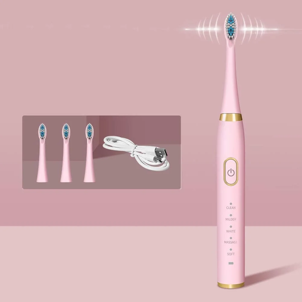 مسواک برقی صوتی GYNFJK برای بزرگسالان، تمیز کردن دندان ها مانند دندانپزشک، 5 حالت اختیاری و 3 سر برس جایگزین، مسواک سفید کننده قابل شارژ USB، صورتی