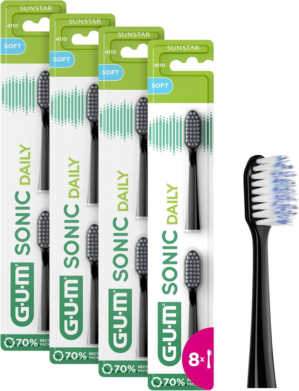 سری یدک مسواک برقی روزانه GUM Sonic، دارای الیاف نرم و بسیار ظریف برای تمیز کردن ملایم و کامل، مناسب استفاده روزمره / 4 بسته 2 عددی (مشکی)