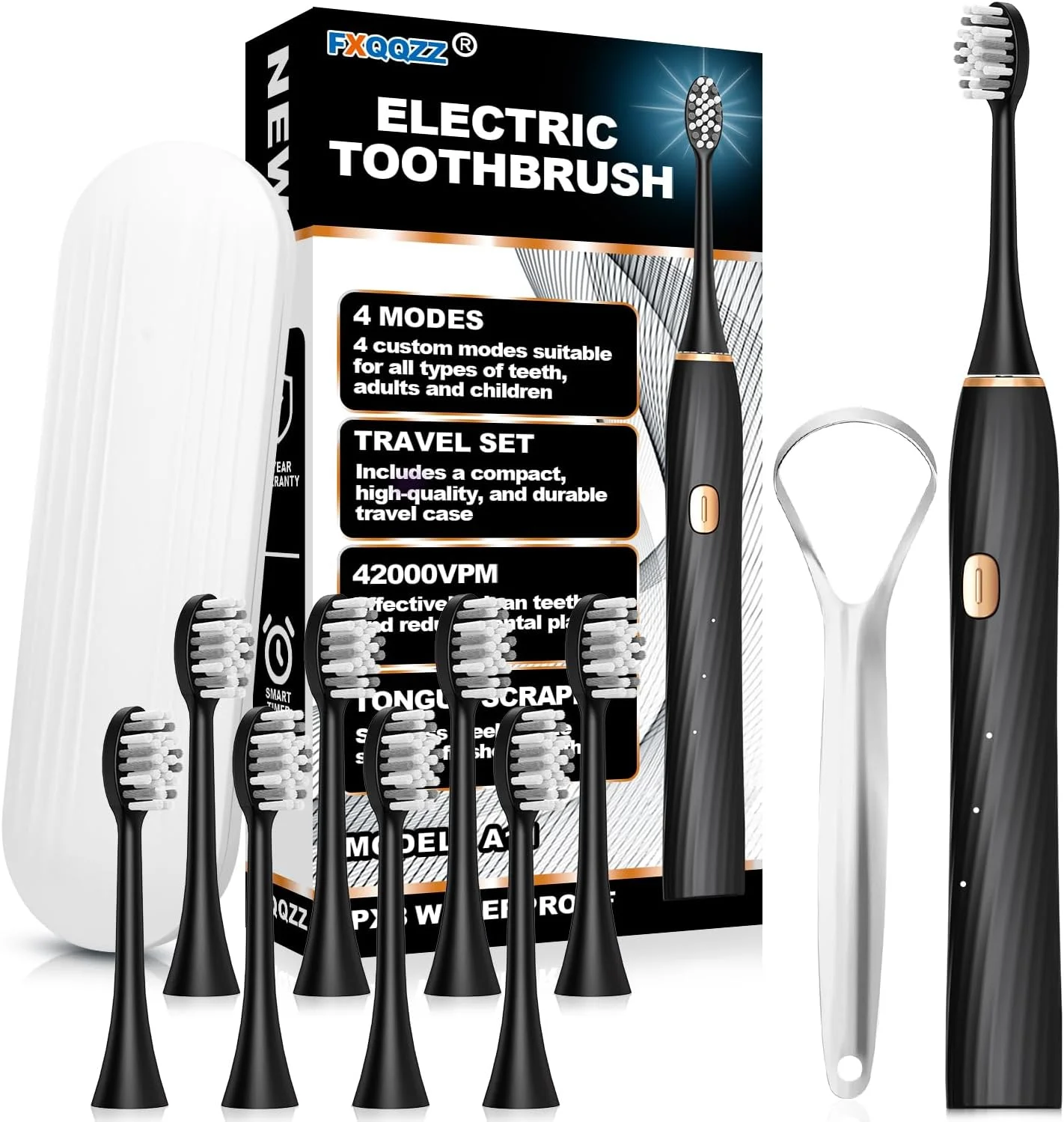 مسواک برقی FXQQZZ برای بزرگسالان و کودکان، به همراه زبان شوی و کیف مسافرتی، 8 سری مسواک، تایمر هوشمند و 4 حالت مسواک شارژی، تمیز کننده عمیق 42000 VPM، یک بار شارژ تا 90 روز - مشکی