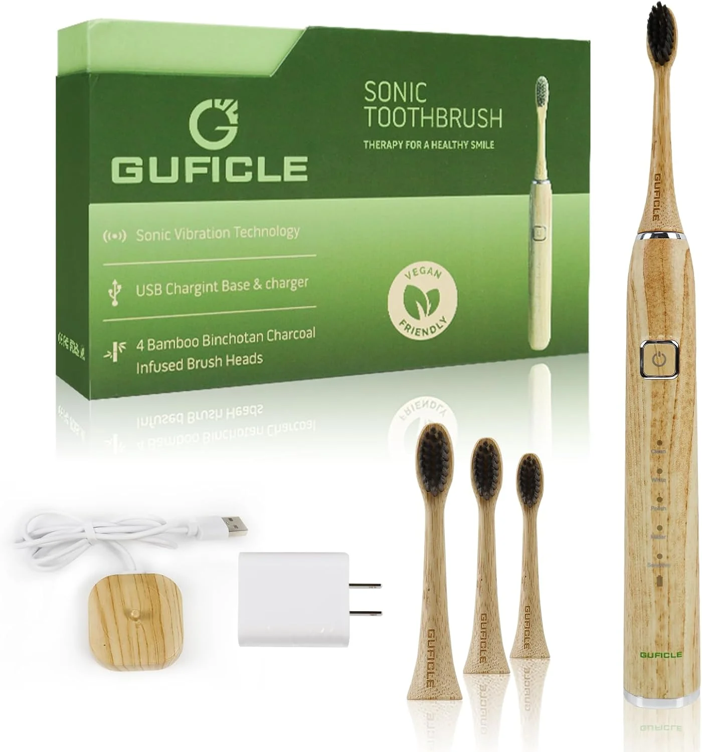 مسواک برقی بامبو GUFICLE، مسواک برقی صوتی بامبو برای بزرگسالان، مسواک قابل شارژ ضد آب IPX7، دارای 5 حالت تمیز کردن، 4 سر برس بامبو با موهای نرم
