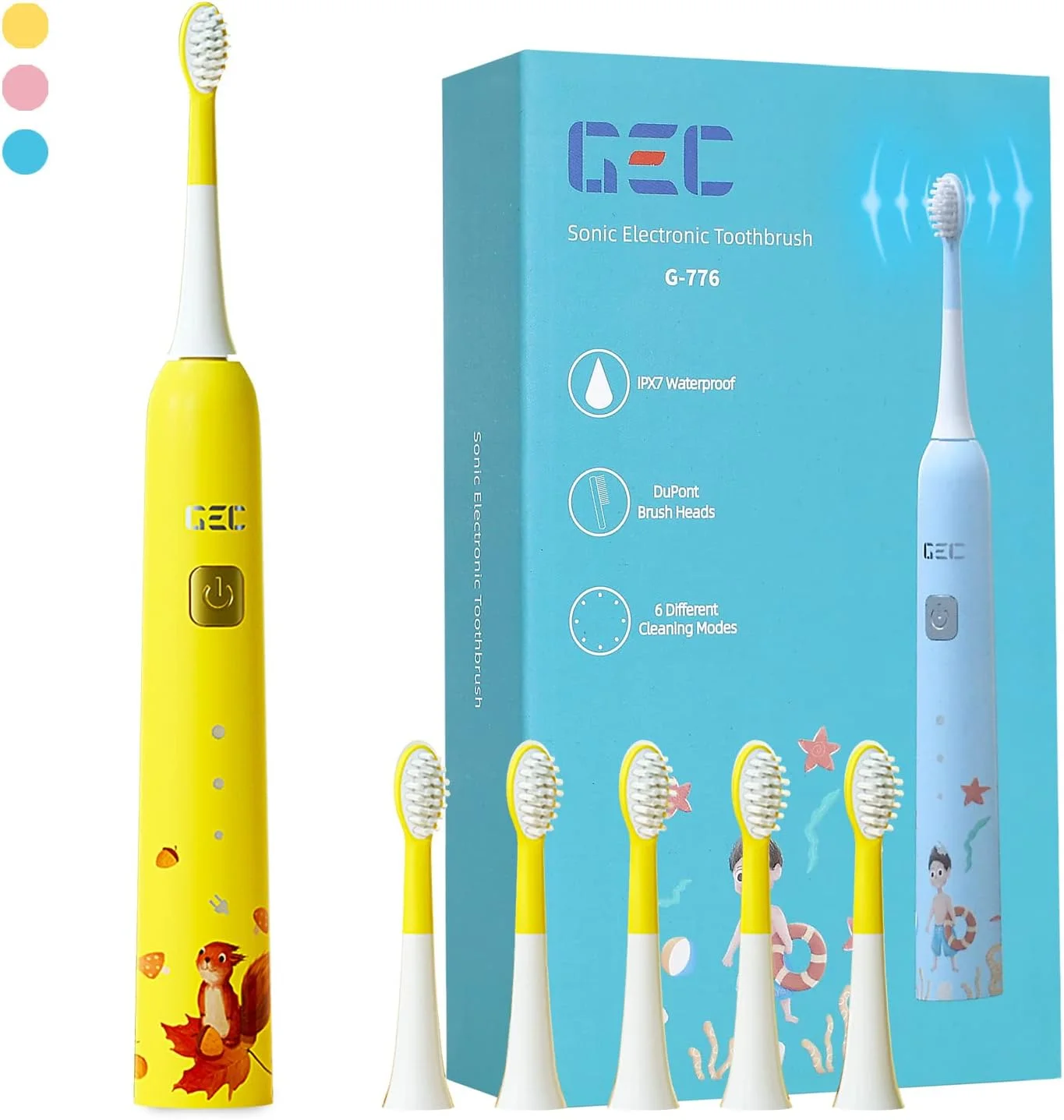 مسواک برقی شارژی کودکانه سونیک GEC Products، تمیز کردن آسان و سرگرم کننده، ضد آب IPX7، دارای 7 سر برس نرم (زرد)