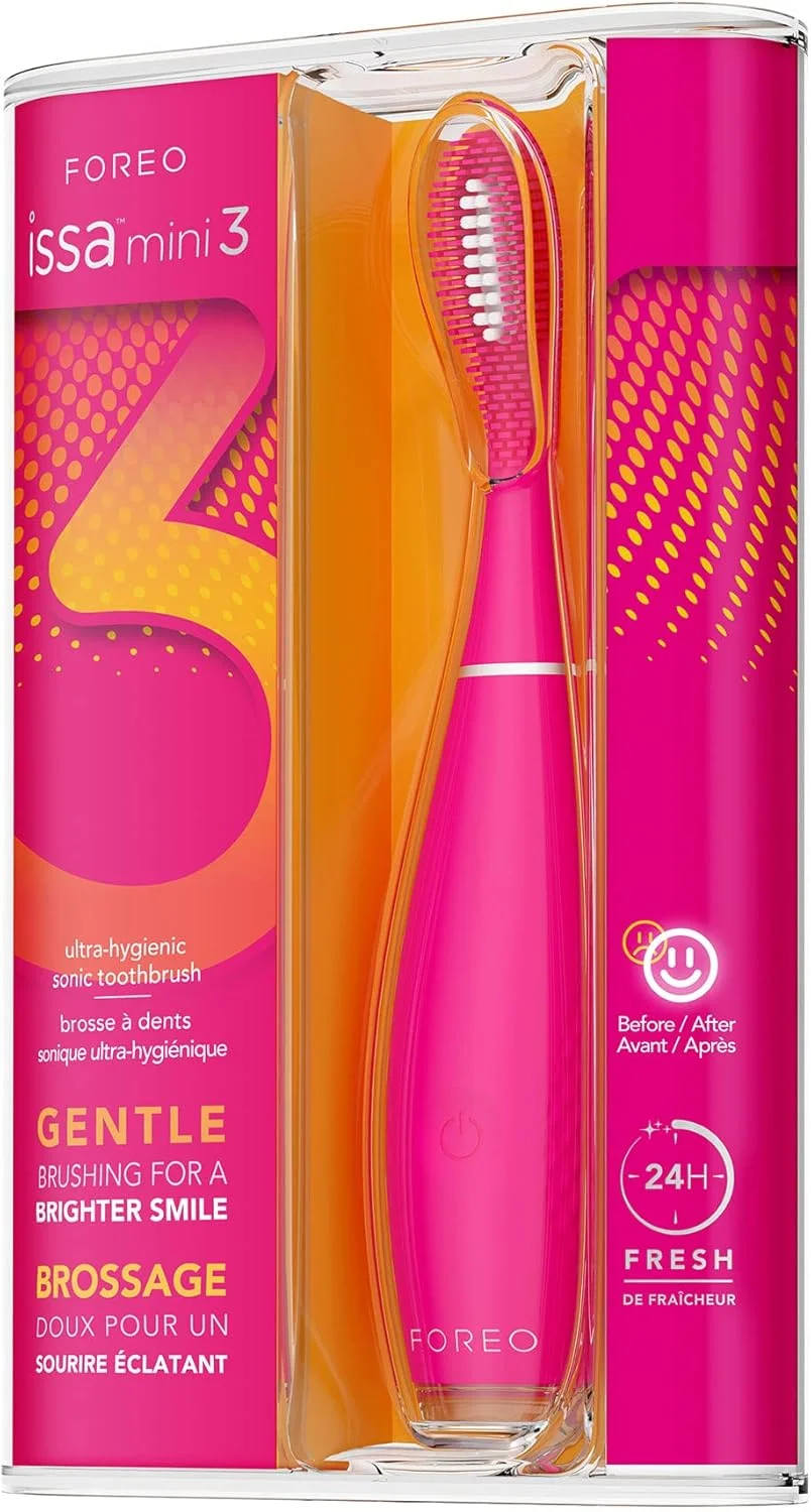 مسواک برقی سیلیکونی سونیک فوق بهداشتی 4 در 1 FOREO ISSA mini 3 برای دندان های سفید، لثه، گونه ها و زبان، اسکرابر زبان، سر برس کوچک 6 ماهه، مسواک مسافرتی، 265 روز با هر بار شارژ
