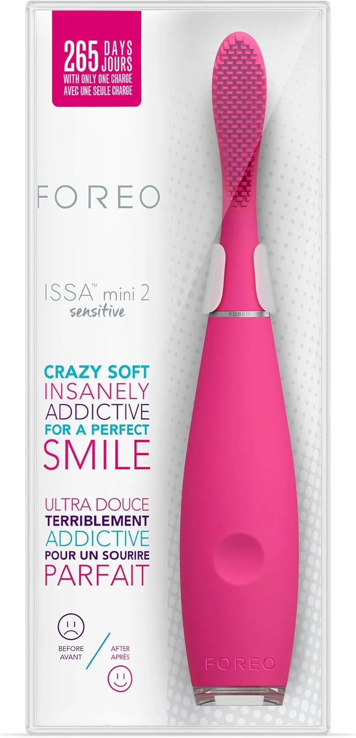 FOREO Issa Mini 2 Rechargeable Kids Electric Toothbrush Sensitive Set for Complete Oral Care, Wild Strawberry