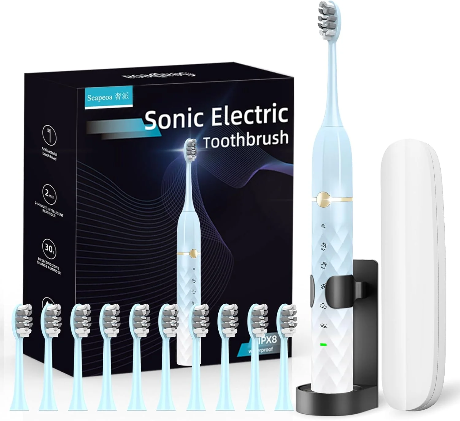 ست مسواک برقی، مجهز به 10 سری مسواک و کیف مسافرتی، ضد آب IPX8، تایمر 2 دقیقه ای، 42000 لرزش با فرکانس بالا، 5 حالت، اولین انتخاب برای هدیه دادن