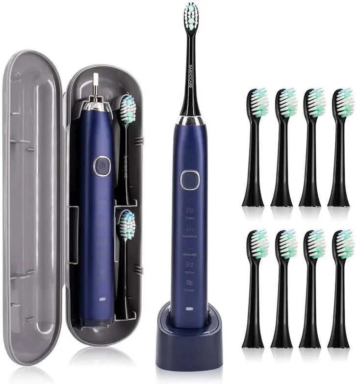 مسواک برقی سونیک 11 تکه، 5 حالت تمیز کردن ضد آب سونیک، 8 سر برس نرم Dupont، کیف حمل و پایه شارژ برای بزرگسالان و کودکان، مناسب مسافرت، کمپینگ، دوچرخه سواری (آبی)