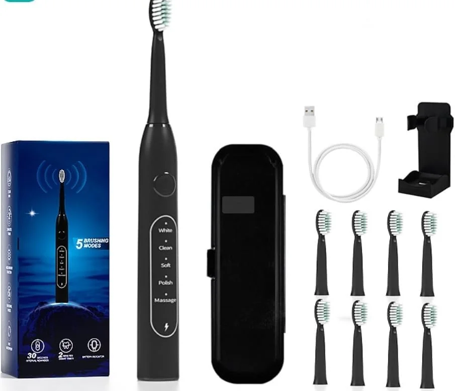 ست 12 عددی مسواک برقی سونیک، 5 حالت تمیز کردن سونیک ضد آب، 8 سر برس، کیف حمل، نگهدارنده مسواک برای کودکان و بزرگسالان، مسافرت، کمپینگ، سوارکاری (مشکی)