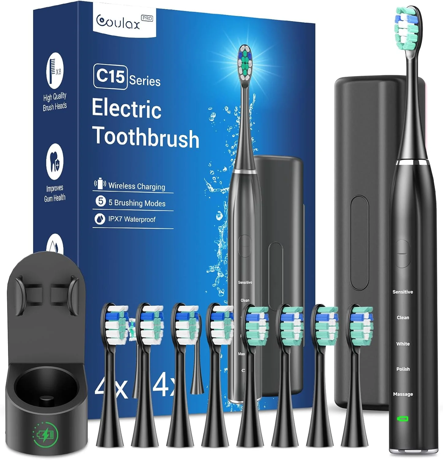 مسواک برقی - مسواک برقی سونیک برای بزرگسالان با پایه شارژ بی سیم و 8 سری مسواک، 5 حالت، مسواک های سونیک با کیف مسافرتی، تایمر مسواک زدن