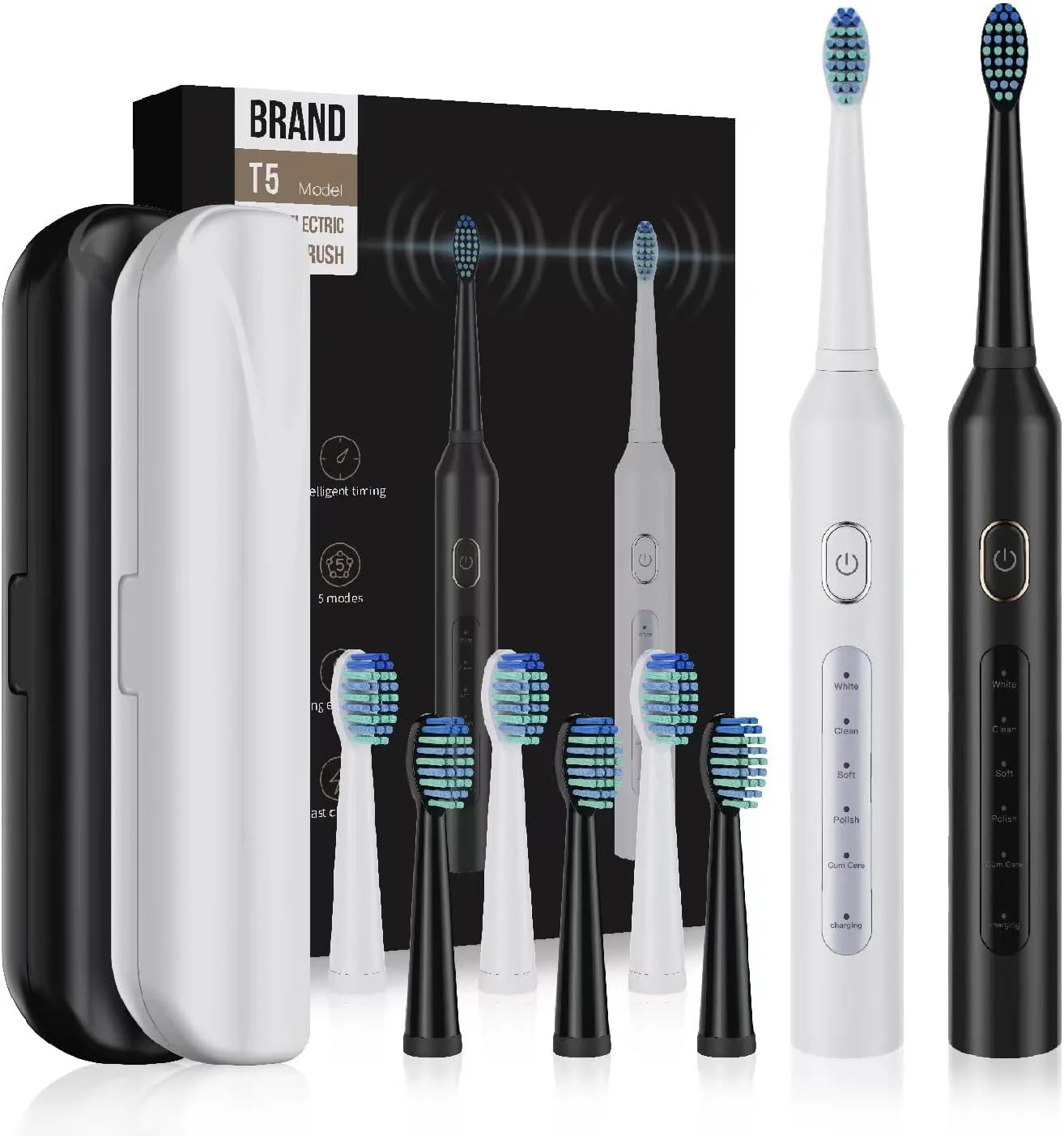 ست 10 عددی مسواک برقی سونیک، 5 حالت تمیز کردن ضد آب سونیک، 8 سر برس نرم و کیف قابل حمل برای زوج ها و کودکان در سفر، کمپینگ، دوچرخه سواری، پیاده روی (بسته زوجی (سیاه+سفید))