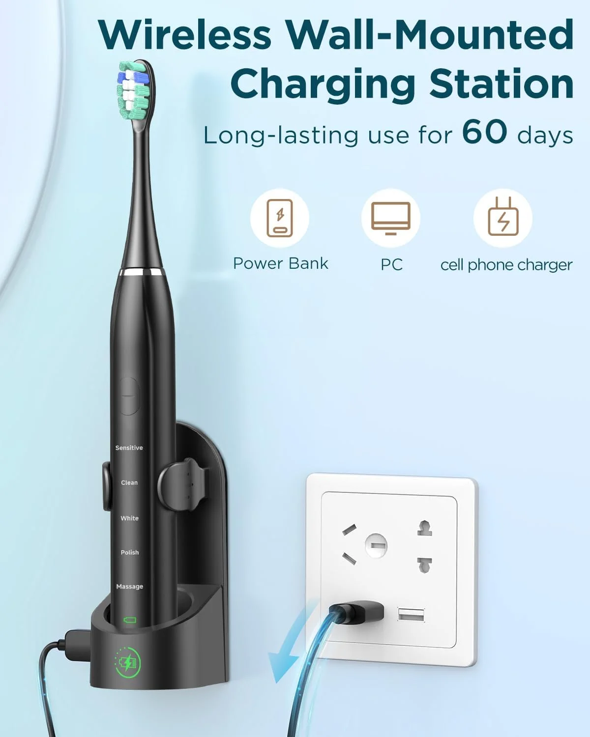 مسواک برقی - مسواک برقی سونیک برای بزرگسالان با پایه شارژ بی سیم و 8 سری مسواک، 5 حالت، مسواک های سونیک با کیف مسافرتی، تایمر مسواک زدن