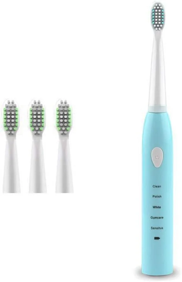 مسواک برقی، مسواک سونیک سفید کننده قابل حمل با 4 سر جایگزین، 5 حالت تمیز کردن، قابل شارژ USB، مسواک مسافرتی برای بزرگسالان، آبی