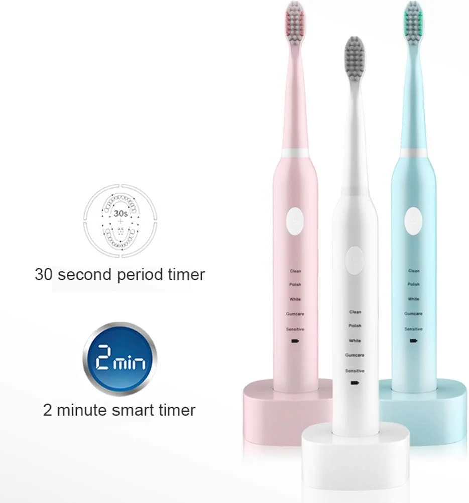 مسواک برقی با 6 سری مسواک برای بزرگسالان، شارژ القایی بی سیم، مسواک صوتی 5 حالته با تایمر 2 دقیقه ای، محافظت از لثه ها و بهبود سلامت دهان، آبی