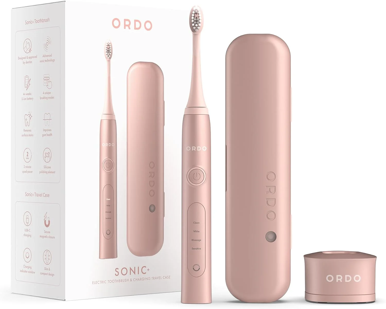 مسواک برقی Sonic+ Ordo به همراه کیف، مسواک برقی برای بزرگسالان، کیف مسافرتی شارژ شونده، 4 حالت مسواک زدن، باتری قابل شارژ سریع، پولیش سیلیکونی، شارژر USB، رزگلد
