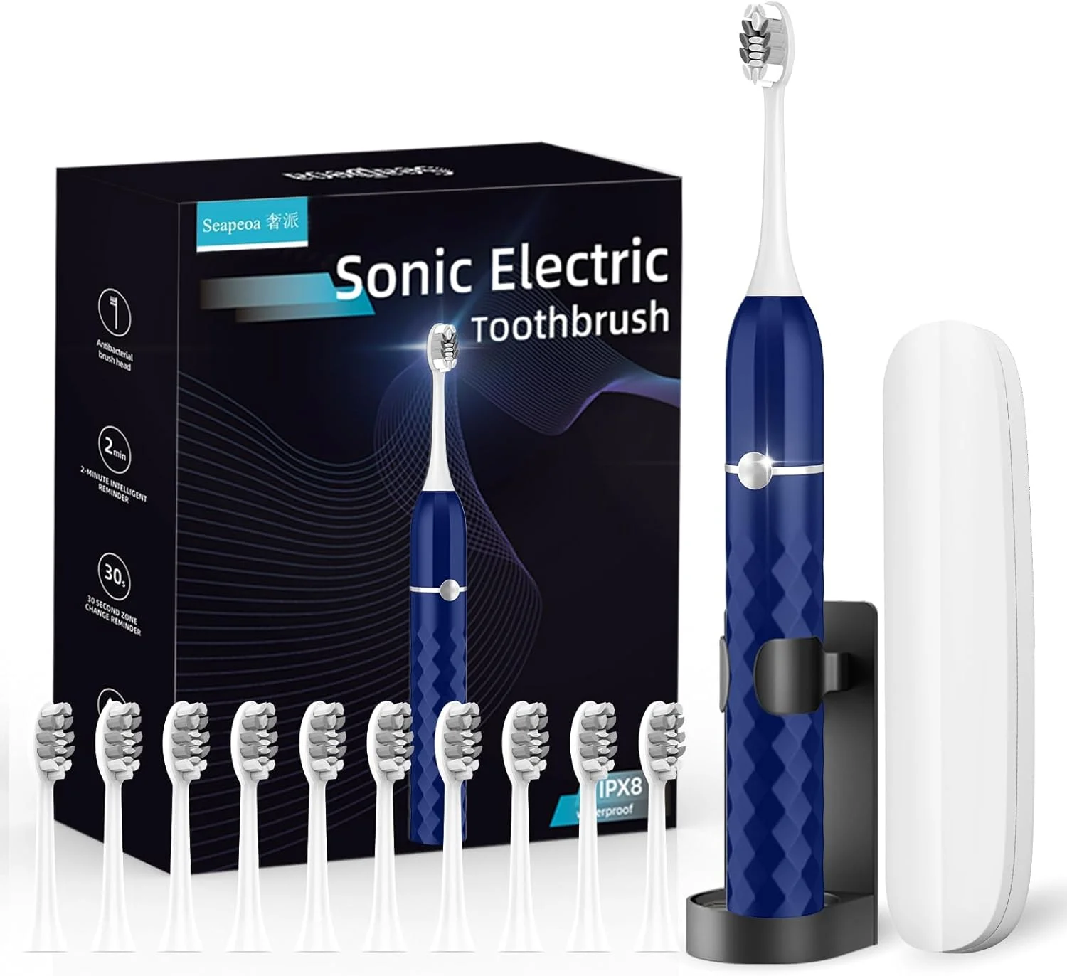 ست مسواک برقی، مجهز به 10 سری مسواک و کیف مسافرتی، ضد آب IPX8، تایمر 2 دقیقه ای، 42000 لرزش با فرکانس بالا، 5 حالت، اولین انتخاب برای هدیه دادن
