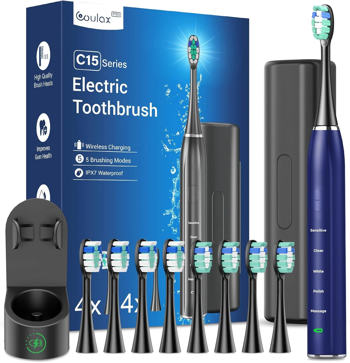 مسواک برقی صوتی برای بزرگسالان - مسواک برقی اولتراسونیک سفید کننده با کیف مسافرتی و استند شارژ، مسواک برقی با 8 سری مسواک، 5 حالت تمیز کردن، 40000VPM