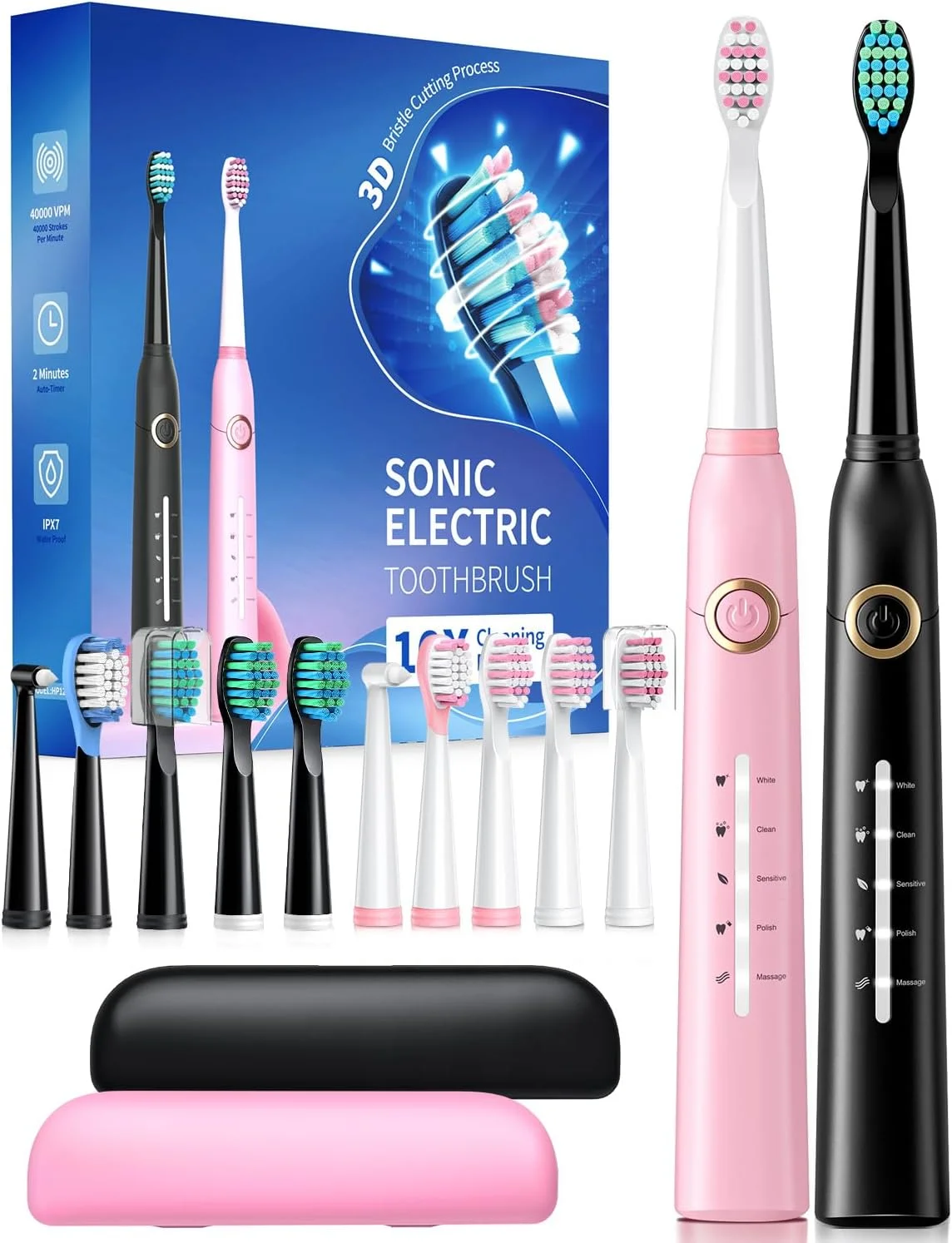 مسواک برقی بزرگسال، مسواک های صوتی با 8 سر برس 40000 VPM 5 حالت، مسواک های صوتی شارژ سریع 4 ساعت دوام 30 روز (همراه با کیف مسافرتی، صورتی و مشکی)
