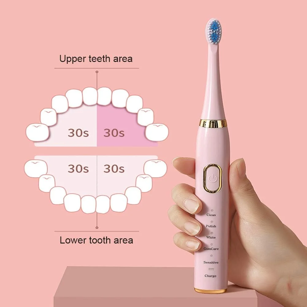 مسواک برقی، مسواک صوتی، 5 حالت با تایمر 2 دقیقه ای داخلی، قابل شارژ با USB، ضد آب IPX7، 3 سر یدکی، تمیز کردن دندان ها مانند دندانپزشک، صورتی