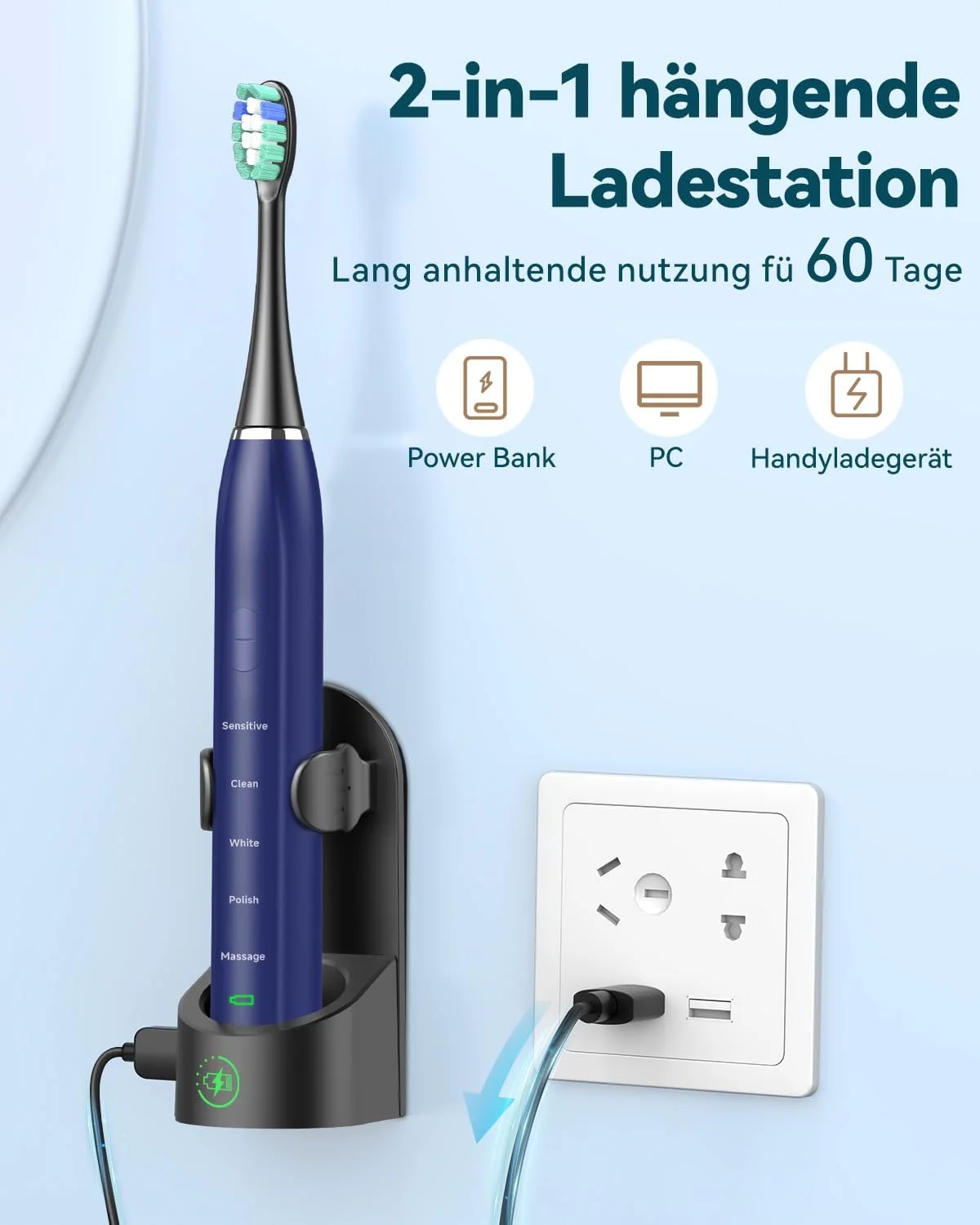 مسواک برقی صوتی برای بزرگسالان - مسواک برقی اولتراسونیک سفید کننده با کیف مسافرتی و استند شارژ، مسواک برقی با 8 سری مسواک، 5 حالت تمیز کردن، 40000VPM