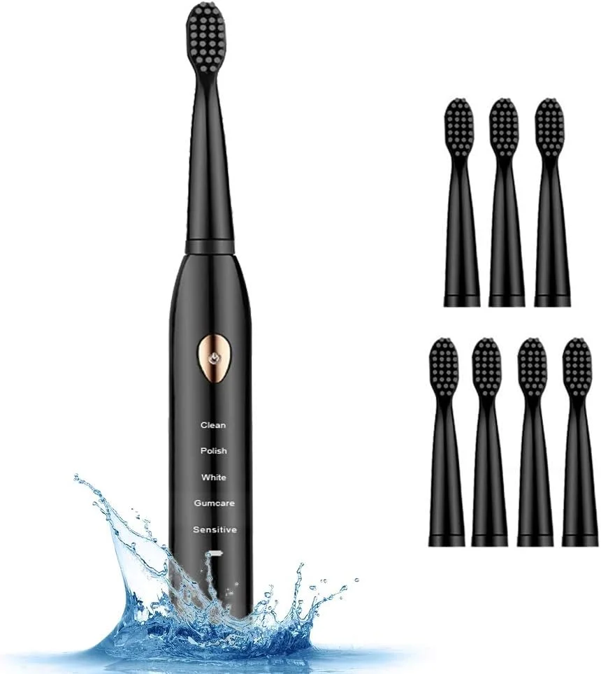 مسواک برقی شارژی با 5 حالت انتخابی، مسواک صوتی سفید کننده با کیف مسافرتی و 8 سر برس، تایمر هوشمند، ضد آب IPX7، مشکی