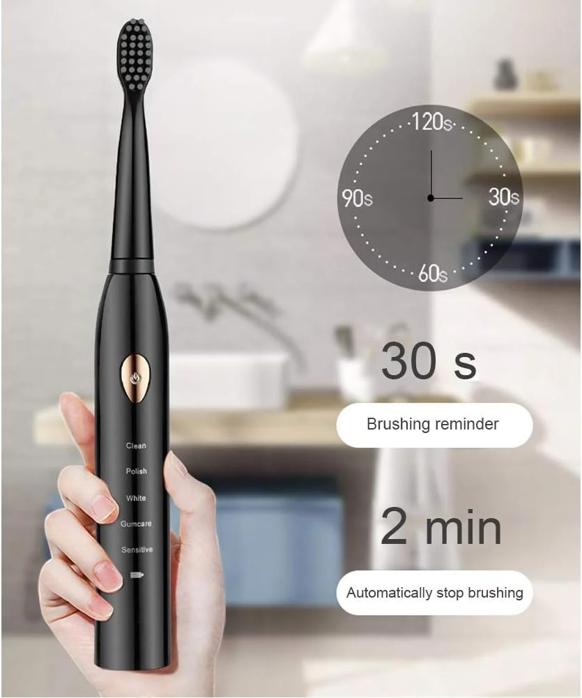 مسواک برقی شارژی با 5 حالت انتخابی، مسواک صوتی سفید کننده با کیف مسافرتی و 8 سر برس، تایمر هوشمند، ضد آب IPX7، مشکی