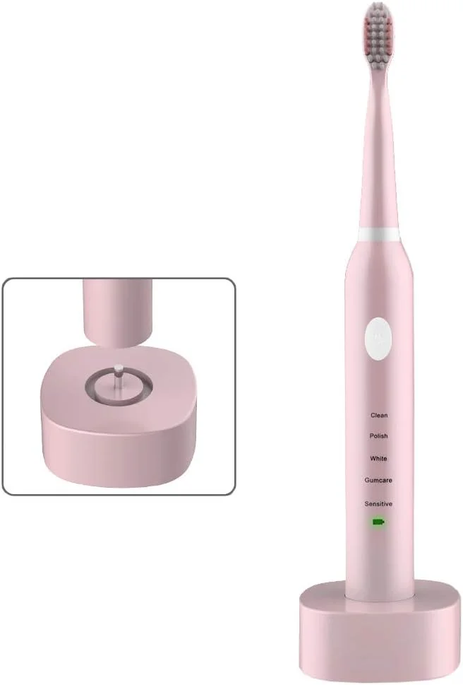 مسواک برقی سونیک، 5 حالت تمیز کردن با 6 سری مسواک جایگزین، مسواک مسافرتی با شارژ القایی، 30 روز استفاده، تایمر هوشمند، ضد آب IPX7، صورتی