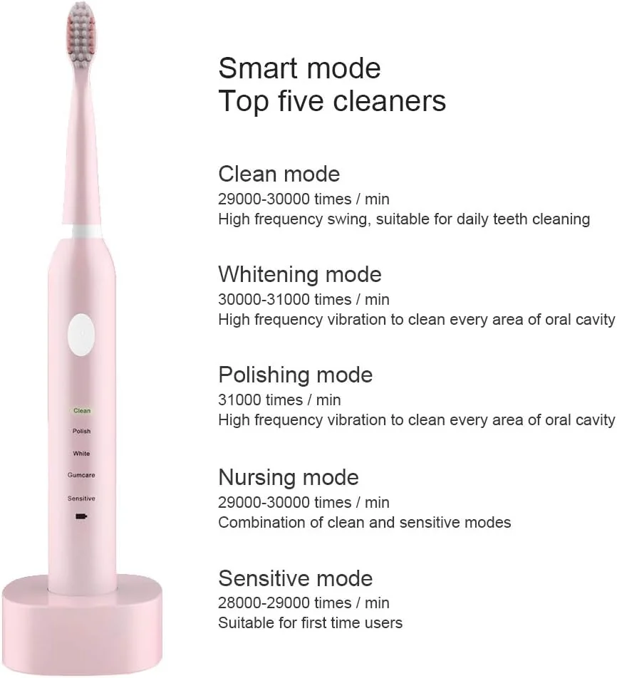 مسواک برقی سونیک، 5 حالت تمیز کردن با 6 سری مسواک جایگزین، مسواک مسافرتی با شارژ القایی، 30 روز استفاده، تایمر هوشمند، ضد آب IPX7، صورتی