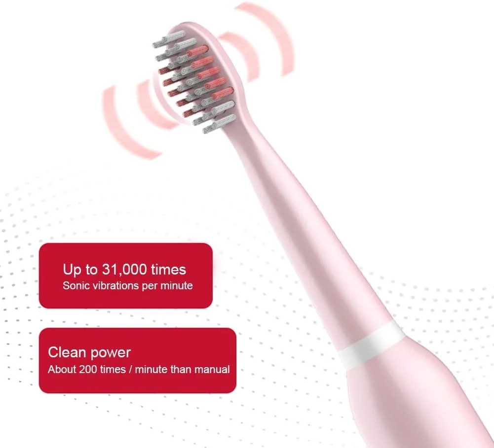 مسواک برقی سونیک، 5 حالت تمیز کردن با 6 سری مسواک جایگزین، مسواک مسافرتی با شارژ القایی، 30 روز استفاده، تایمر هوشمند، ضد آب IPX7، صورتی
