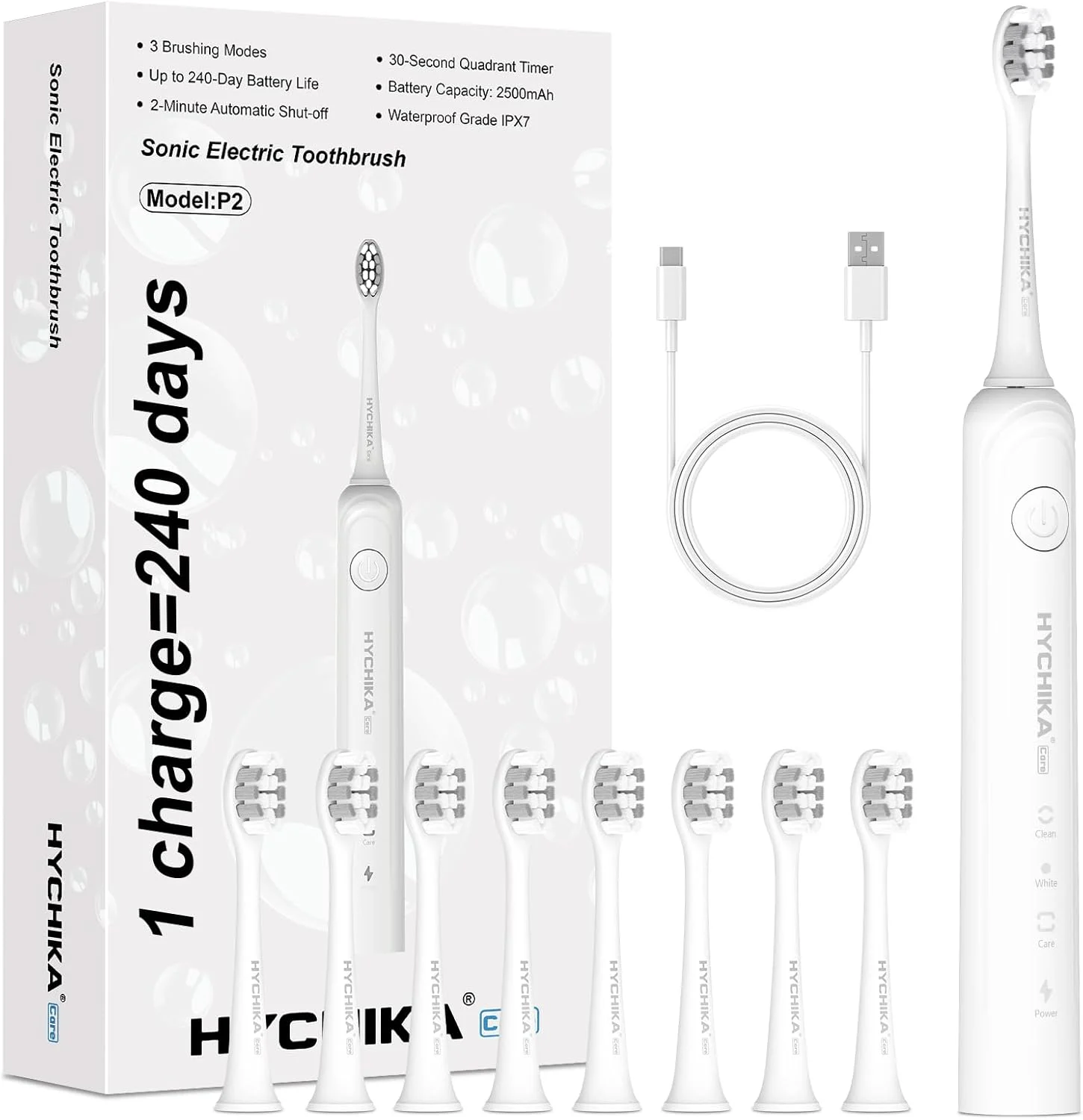 مسواک برقی با 240 روز عمر باتری برای بزرگسالان، 8 سری تعویضی، مسواک قابل شارژ با باتری، 3 حالت، تایمر 2 دقیقه ای، ضد آب IPX7، هدیه برای خانواده، سفید
