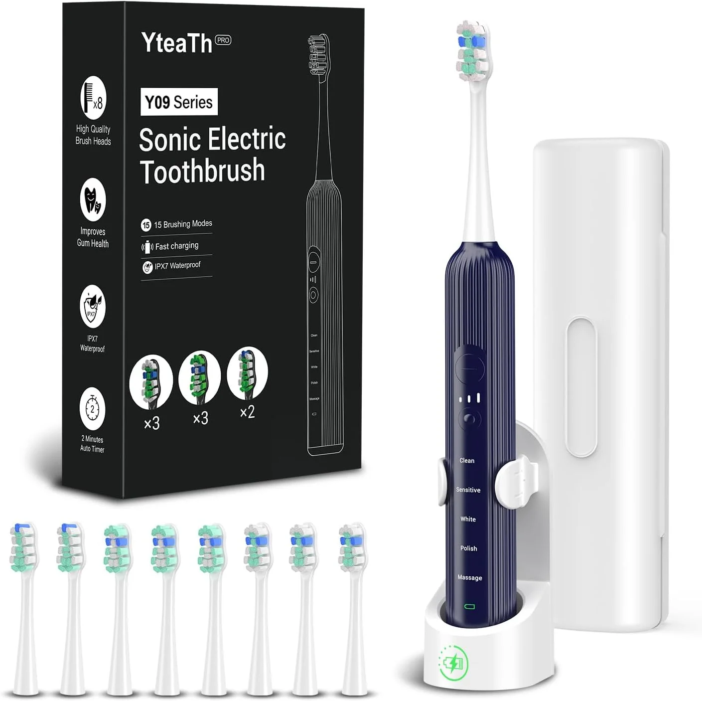 مسواک برقی سونیک برای بزرگسالان و کودکان، 5 حالت تمیز کردن با 3 سطح شدت، تایمر، 8 سری تعویضی و کیف مسافرتی، مسواک سونیک قابل شارژ، آبی