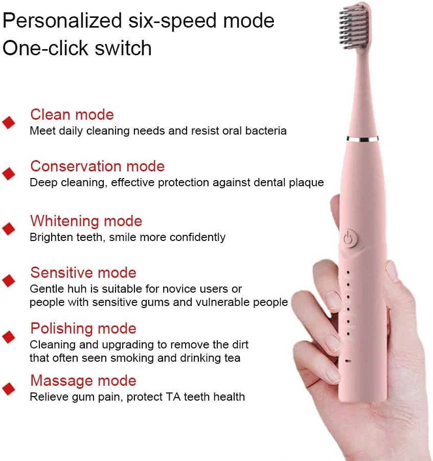 مسواک برقی سونیک، مسواک قابل شارژ USB، 6 حالت قدرتمند با تایمر 2 دقیقه ای، دارای 4 سری برس جایگزین برای مسافرت یا استفاده در منزل، صورتی