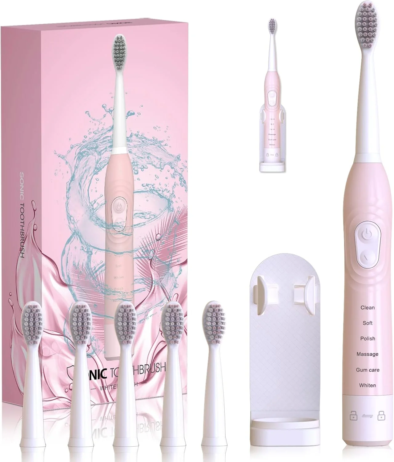 مسواک برقی صوتی برای آقایان و بانوان، مسواک هوشمند شارژی برای نوجوانان و زوج ها، مسواک اتوماتیک برای زوجین با یادآوری 30 ثانیه ای، تایمر 2 دقیقه ای، 6 حالت، 2 سر برس، 40000 پالس (صورتی)