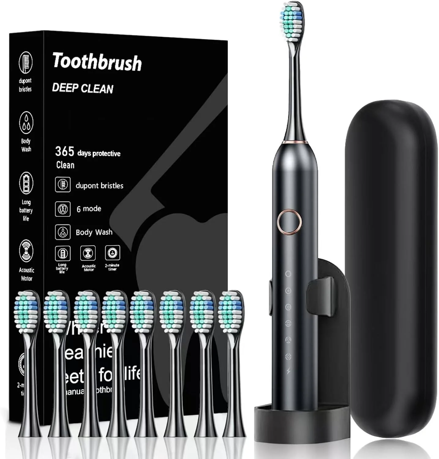 Sonic Electric Toothbrush for Adults and Kids, with 8 Brush Heads and Travel Case,5 Modes with 2 Minutes Build in Smart Timer, One Charge Use for 90 Days, Rechargeable Toothbrushes(black)