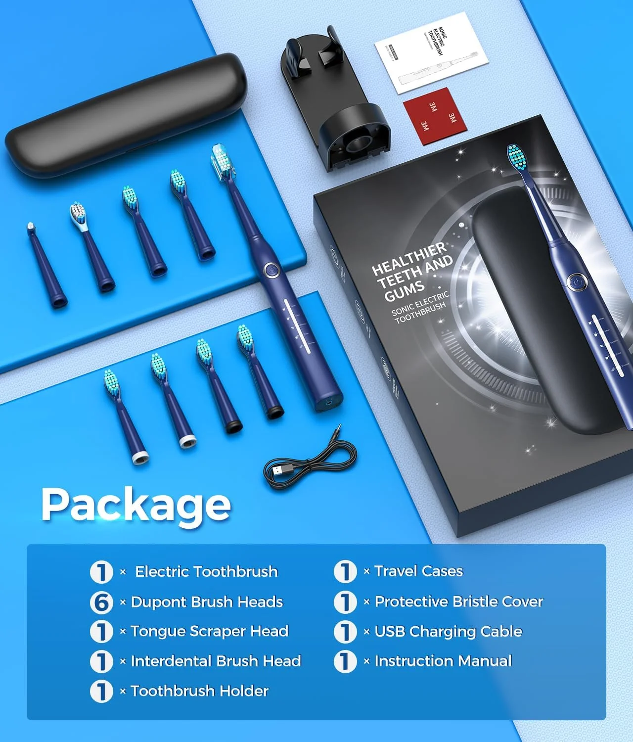 مسواک برقی صوتی برای بزرگسالان، مسواک برقی قدرتمند با 8 سری مسواک، کیف مسافرتی، 40000 VPM تمیز کننده عمیق 5 حالت، مسواک های قابل شارژ شارژ سریع 4 ساعت دوام 30 روز، آبی تیره