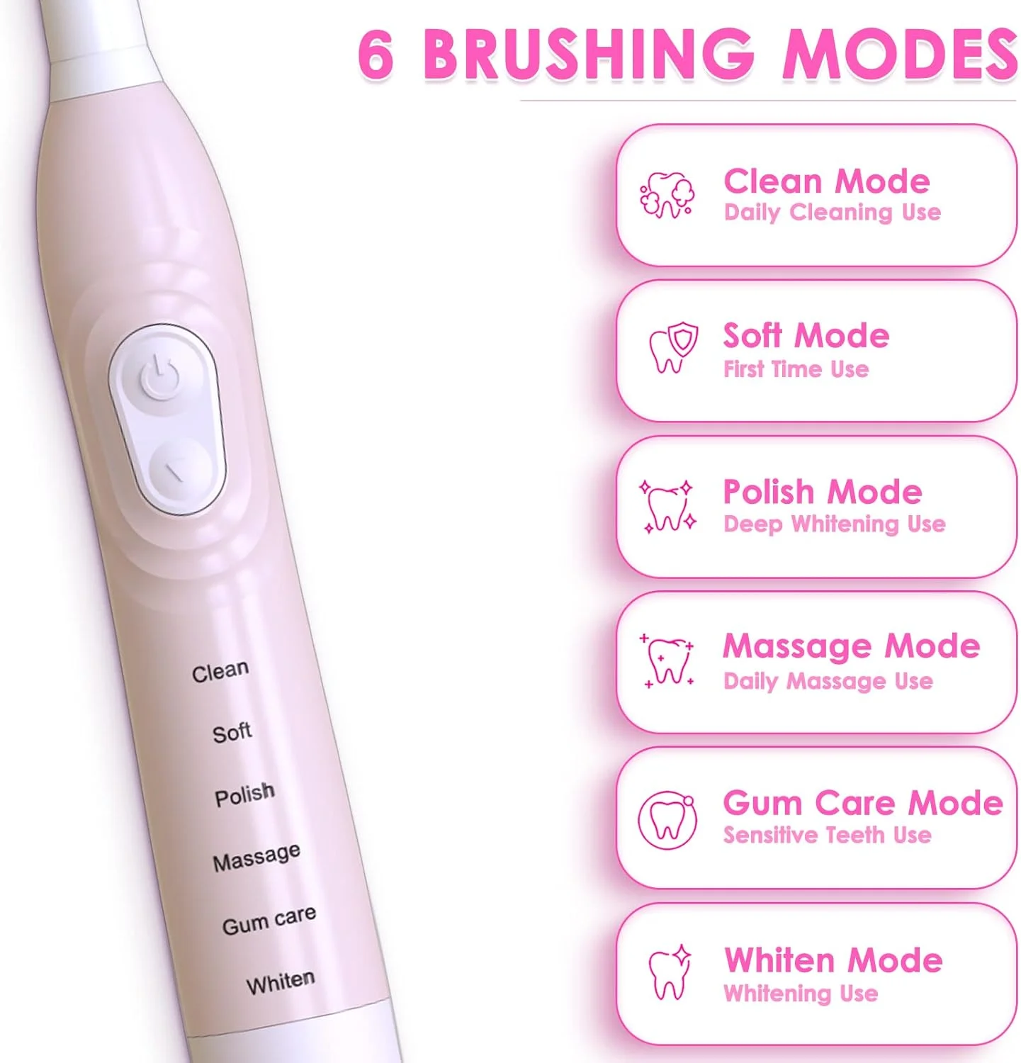 مسواک برقی صوتی برای آقایان و بانوان، مسواک هوشمند شارژی برای نوجوانان و زوج ها، مسواک اتوماتیک برای زوجین با یادآوری 30 ثانیه ای، تایمر 2 دقیقه ای، 6 حالت، 2 سر برس، 40000 پالس (صورتی)