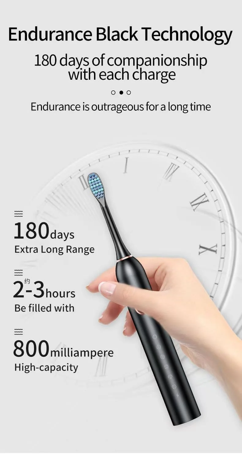 Sonic Electric Toothbrush for Adults and Kids, with 8 Brush Heads and Travel Case,5 Modes with 2 Minutes Build in Smart Timer, One Charge Use for 90 Days, Rechargeable Toothbrushes(black)