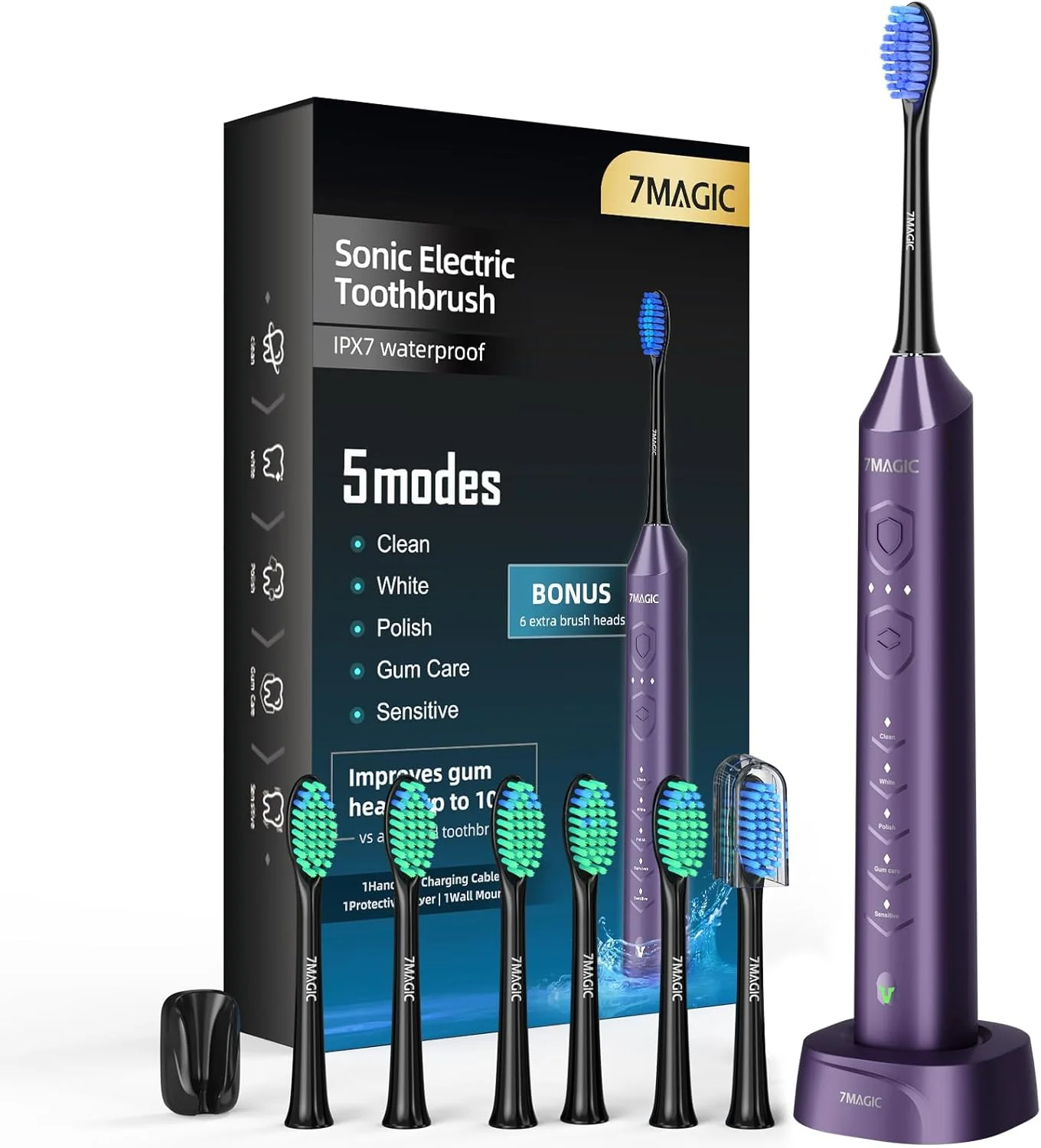 مسواک برقی، مسواک صوتی، 3 سطح شدت، 5 حالت، 40000 وی پی ام، IPX7، بنفش شوالیه