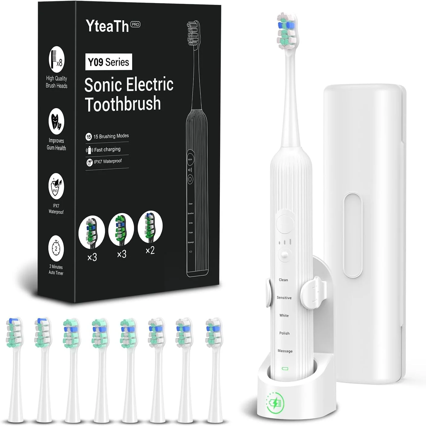 مسواک برقی سونیک برای بزرگسالان و کودکان، 5 حالت تمیز کردن با 3 سطح شدت، تایمر، 8 سری برس جایگزین و کیف مسافرتی، مسواک سونیک قابل شارژ، سفید