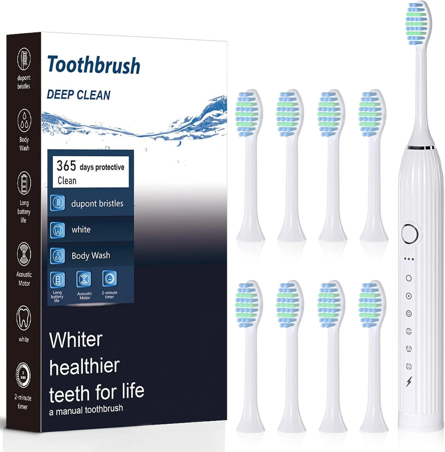 مسواک برقی سونیک برای بزرگسالان، دارای 8 سری برس Duponts، با تایمر هوشمند 2 دقیقه ای، 6 حالت با سفید کننده دندان، مسواک برقی قابل شارژ (سفید، تک سایز)