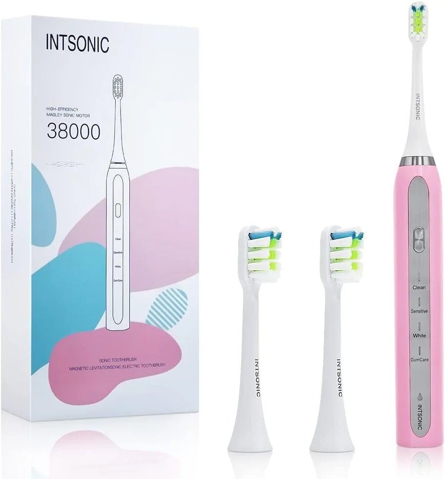 مسواک برقی با تایمر هوشمند، 4 حالت - 2 سری مسواک - مسواک های صوتی ضد آب IPX7 - ماندگاری 45 روزه، مسواک برقی صوتی، صورتی