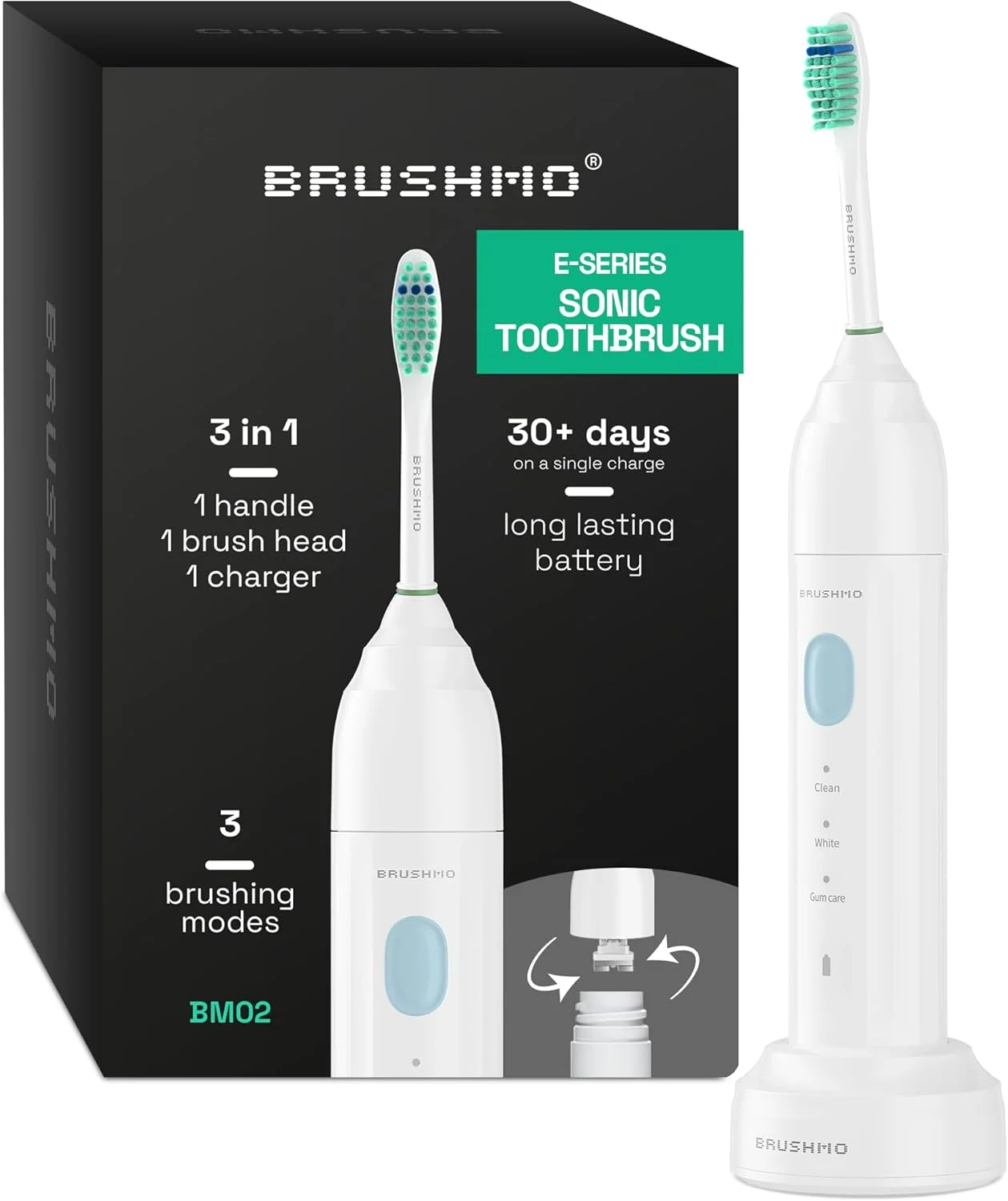 مسواک برقی صوتی Brushmo مدل BM02، مسواک قابل شارژ با باتری بادوام و 3 حالت مسواک زدن، تایمر، پایه شارژ، سری های مسواک سازگار با Philips Sonicare E Eseries، سفید