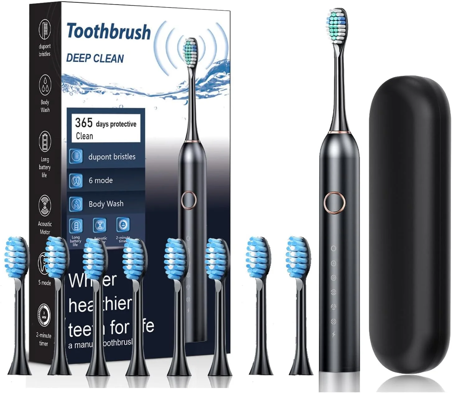 مسواک برقی سونیک با 8 سری مسواک برای بزرگسالان، 180 روز با یک بار شارژ، 6 حالت، 42000 لرزش با فرکانس بالا، تایمر هوشمند 2 دقیقه ای داخلی (مشکی، شامل جعبه نگهداری)