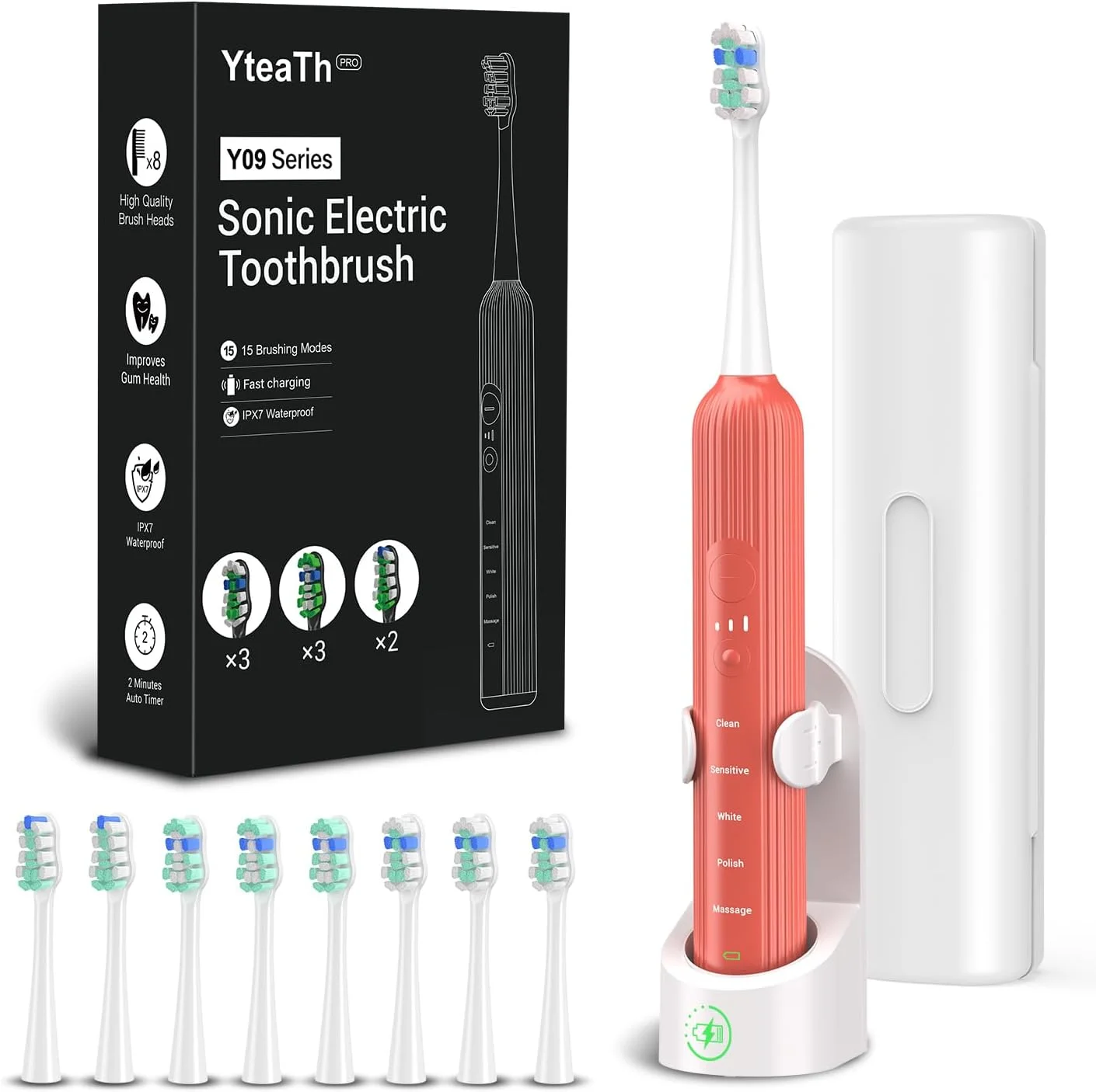 مسواک برقی سونیک بزرگسال با 8 سری مسواک و کیف مسافرتی، شارژر بی سیم بادوام و سریع، 5 حالت و تایمر هوشمند، مسواک مسافرتی، رز قرمز