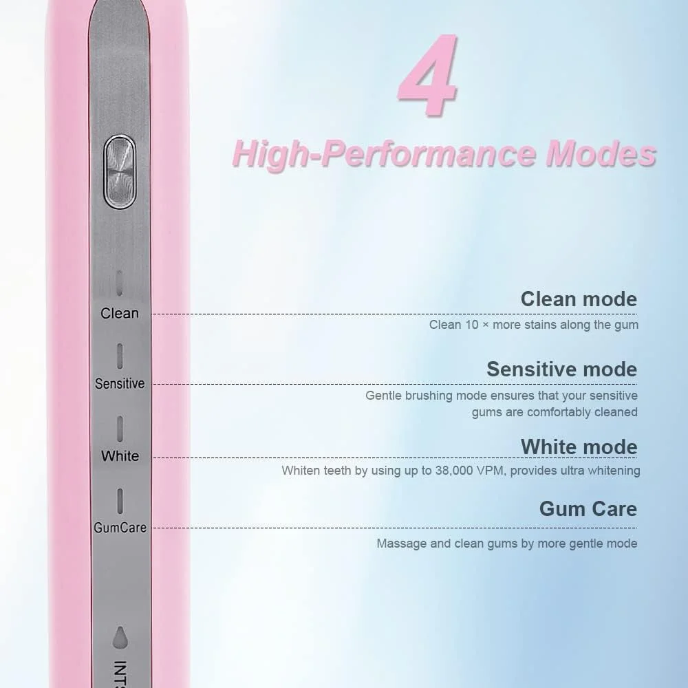 مسواک برقی با تایمر هوشمند، 4 حالت - 2 سری مسواک - مسواک های صوتی ضد آب IPX7 - ماندگاری 45 روزه، مسواک برقی صوتی، صورتی
