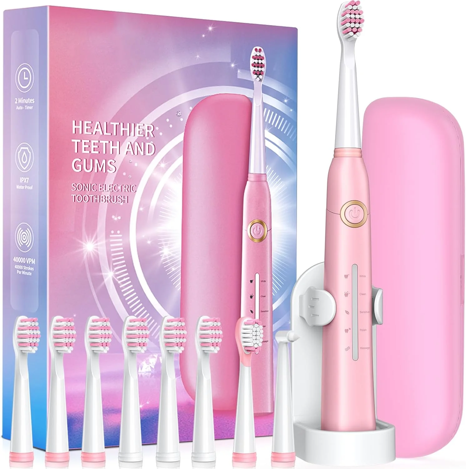 مسواک برقی سونیک برای بزرگسالان، مسواک برقی قدرتمند با 8 سری مسواک، کیف مسافرتی، 5 حالت تمیز کردن عمیق 40000 VPM، مسواک های قابل شارژ شارژ سریع 4 ساعت ماندگاری 30 روز، صورتی