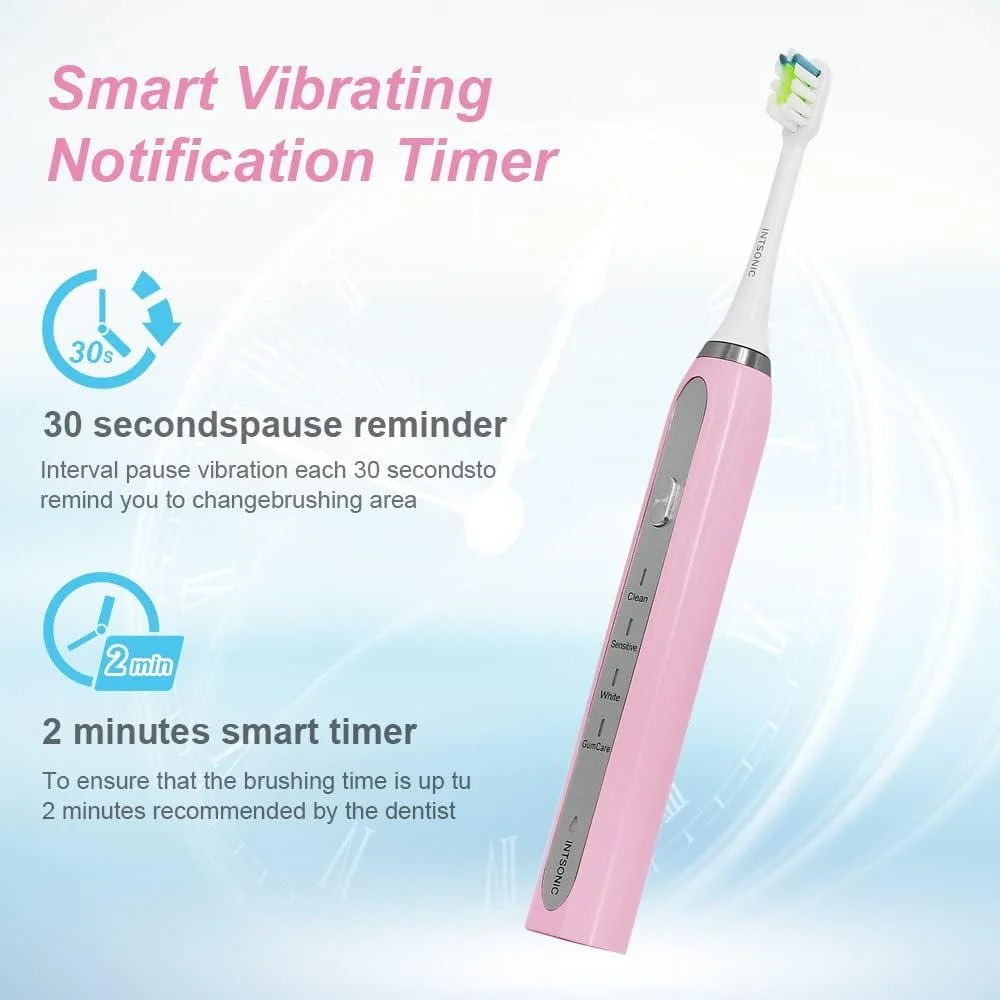 مسواک برقی با تایمر هوشمند، 4 حالت - 2 سری مسواک - مسواک های صوتی ضد آب IPX7 - ماندگاری 45 روزه، مسواک برقی صوتی، صورتی