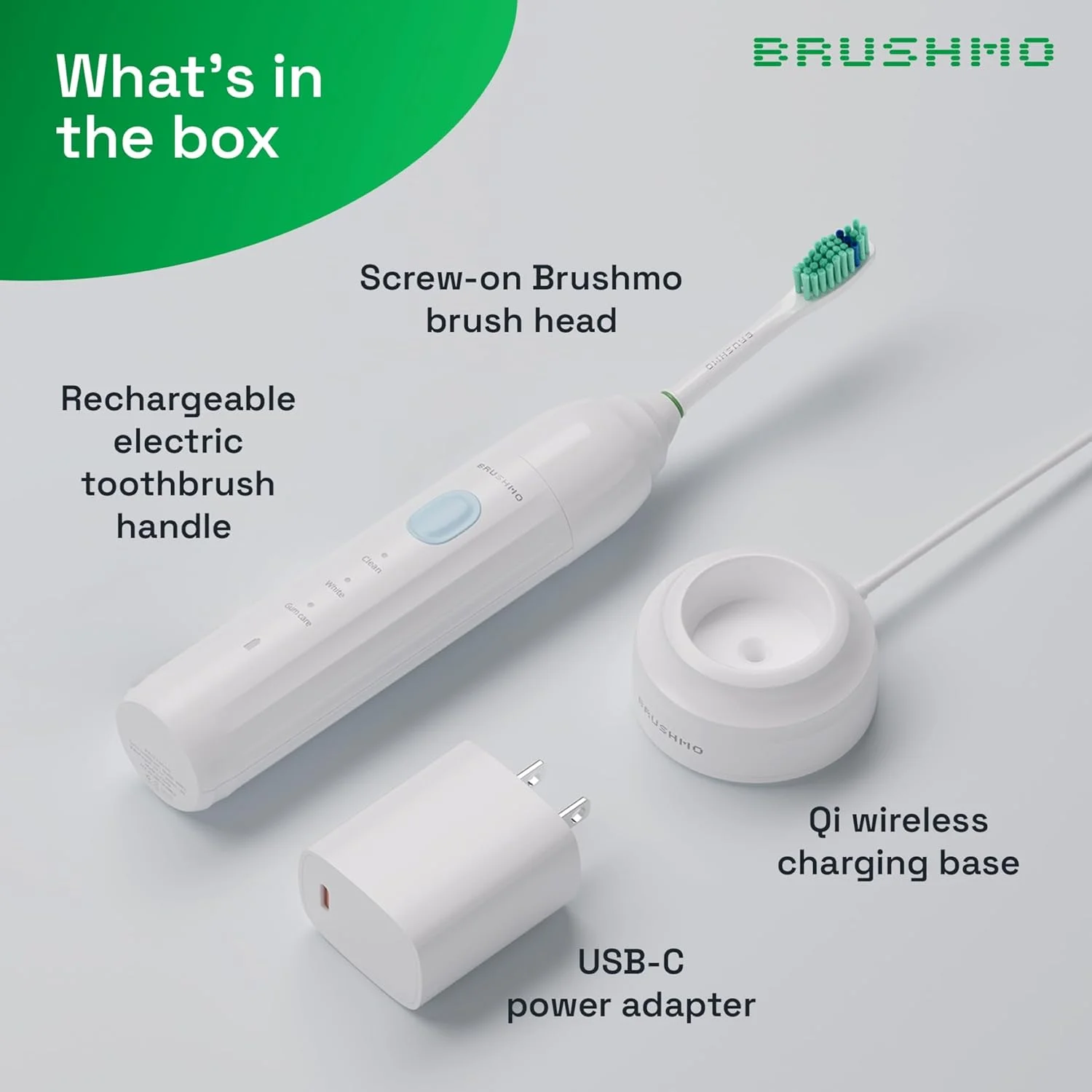 مسواک برقی صوتی Brushmo مدل BM02، مسواک قابل شارژ با باتری بادوام و 3 حالت مسواک زدن، تایمر، پایه شارژ، سری های مسواک سازگار با Philips Sonicare E Eseries، سفید