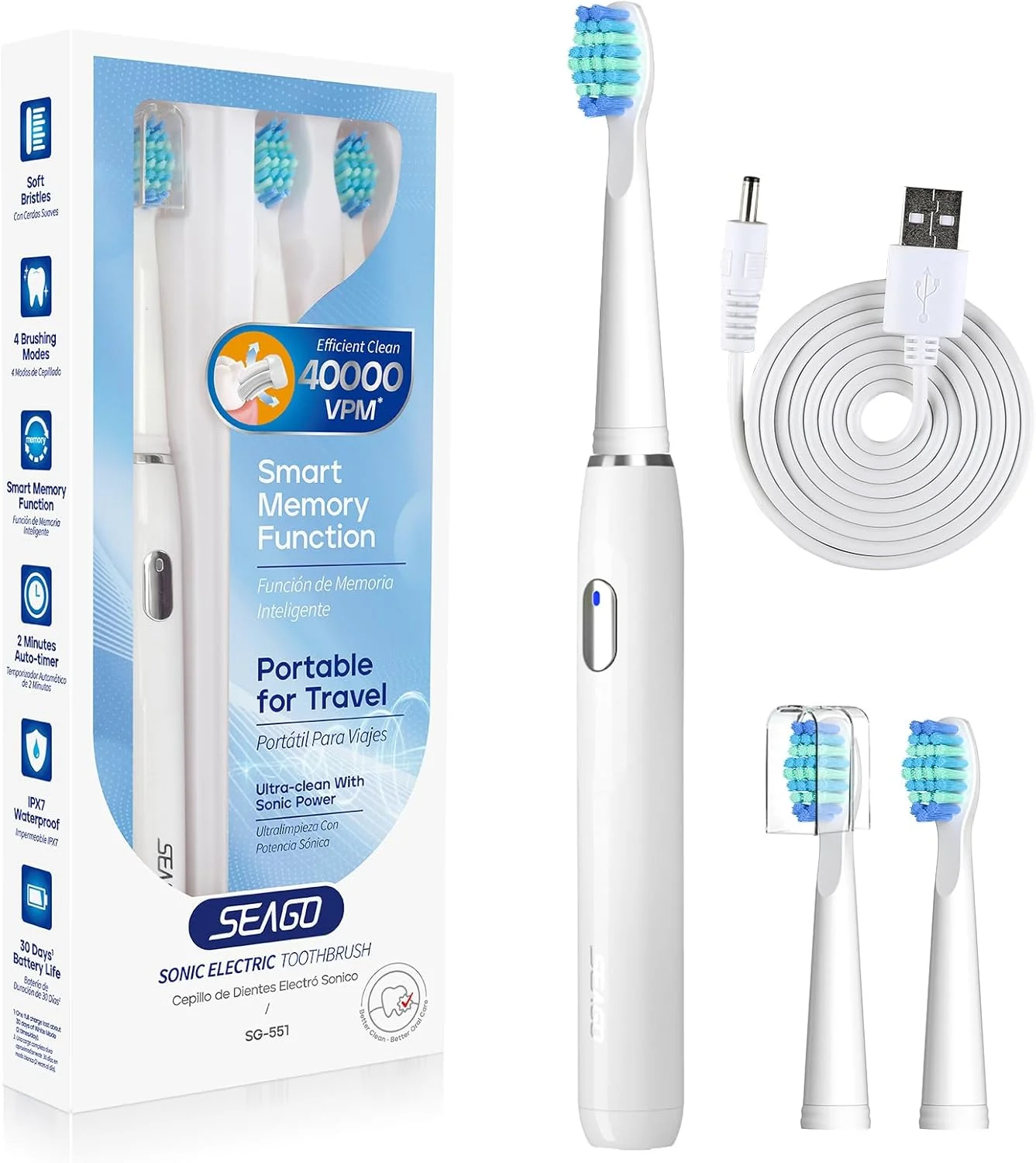 مسواک برقی سیگو برای بزرگسالان، با 3 سری مسواک و 4 حالت، مسواک صوتی قابل شارژ با یک بار شارژ برای 30 روز، مسواک برقی مسافرتی با تایمر 2 دقیقه ای - سفید