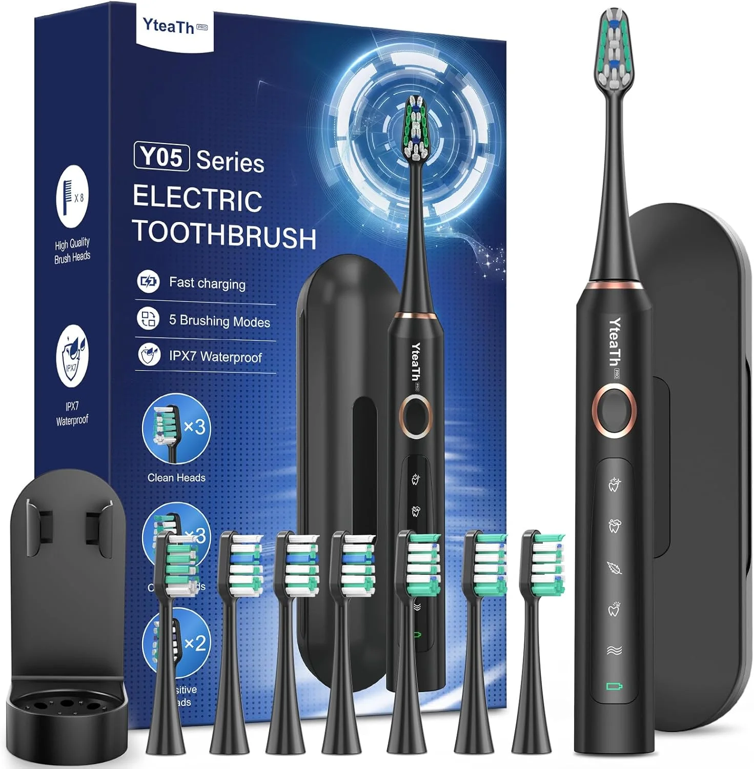 Electric Toothbrush for Adults and Children - Sonic Toothbrush, Electric Toothbrush with 8 Brush Heads, 90 Days Battery Life, 5 Modes, 50000VPM, Travel Case, Timer (Black)