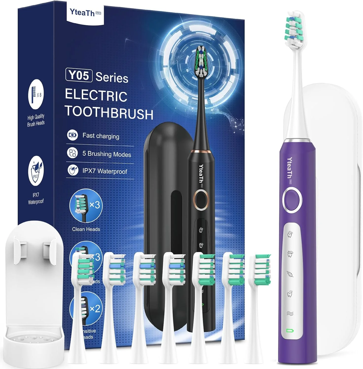 مسواک برقی سونیک مردانه - مسواک سونیک برای بزرگسالان با 8 سری مسواک، 90 روز عمر باتری، 5 حالت، 50000 وی‌پی‌ام، کیف مسافرتی، بنفش و سفید